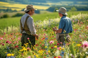 Deux agriculteurs discutant dans un champ verdoyant rempli de fleurs colorées