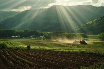 Paysage de champs cultivés avec un tracteur au travail sous la lumière du soleil.