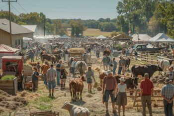 Une foule nombreuse de visiteurs au milieu d'animaux et de tentes à une foire rurale.