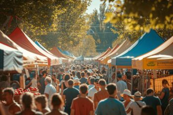 Nombreuses personnes visitant des stands colorés dans un marché d'automne