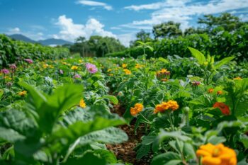 Paysage de fleurs colorées et de feuillage luxuriant dans un jardin.