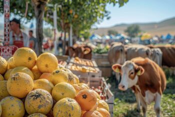 Étal de fruits citriques entouré de caissettes et de vache en arrière-plan.