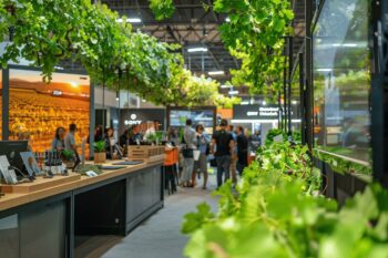 Intérieur d'un marché avec des stands et des clients, entouré de verdure luxuriante.