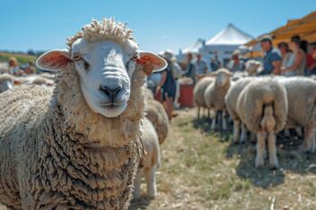 Gros plan sur un mouton blanc au milieu d'un troupeau dans un marché