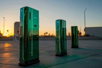 Trois bornes de recharge électrique vertes dans un paysage urbain au coucher du soleil