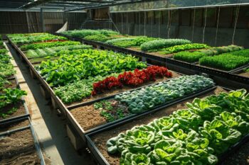 Vue d'une serre remplie de diverses cultures de légumes et d'herbes.