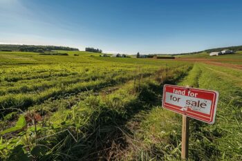 Vaste champ vert avec grange et panneau indiquant 'Terrain à vendre'