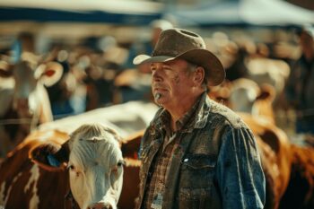 Un homme âgé en vêtements de cow-boy regarde au milieu d'un troupeau de bovins.