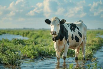 Une vache tachetée de noir et blanc debout dans l'eau d'un marécage